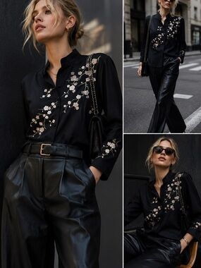 Yi Lin 100% Silk Embroidered Cherry Blossom Blouse XS Black Button Front Top